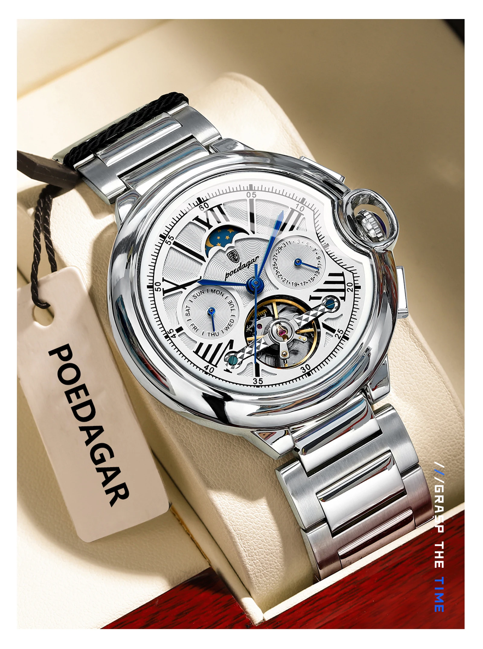 POEDAGAR Luxus Business Männliche Uhr Datum Woche Edelstahl Tourbillon Männer Uhr Wasserdichte Automatische Mechanische herren Uhren – Detail 16