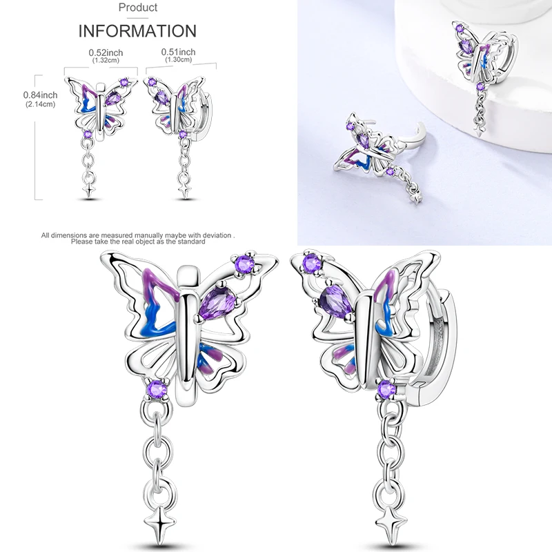 925 Sterling Silber Creolen Schmetterling Regenbogen Blume Tulpe Iris Lila Hängeohrringe Schmuck Geschenk für Frauen Mädchen – Detail 21