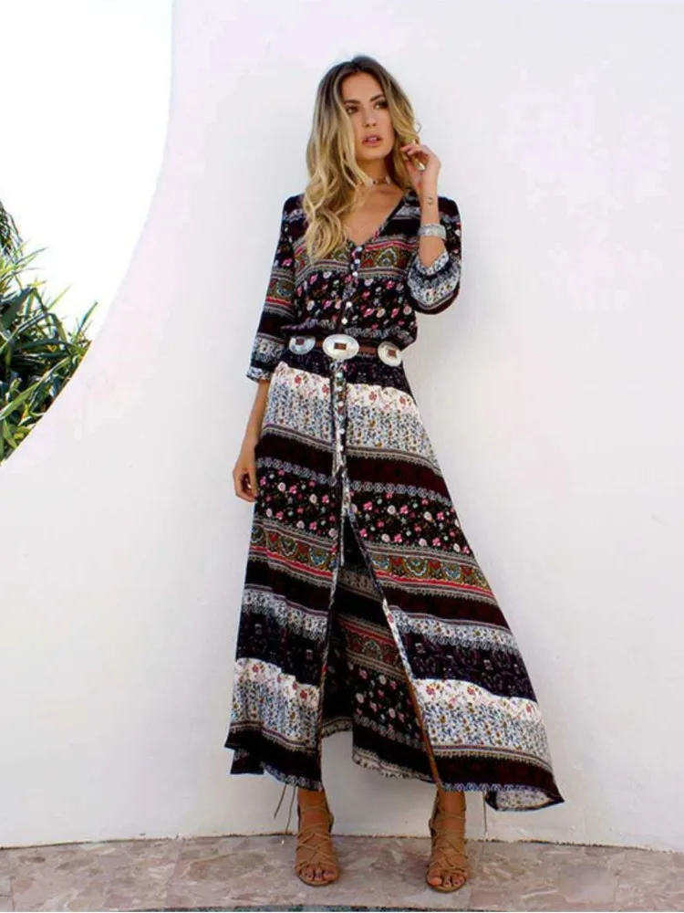 Vintage Boho Printed Long Dresses Women Summer Fashion New Casual Shirt Dress 3/4 Sleeve V- Neck Split Beach Holiday Maxi Dress