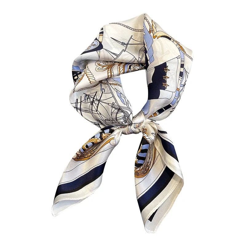 Nautical Anchor Compass Print 100% Silk Scarf Square Satin Neck Scarves for Women Luxury Bandana Headband Bag Accessories