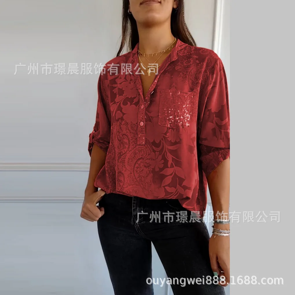 

2025 Spring and Autumn Women's Shirt Fashion Printed Button Pullover Top Simple Korean Pocket 7-point Sleeve Blouses for Female