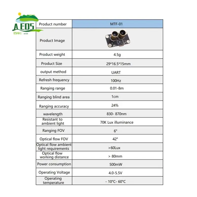 

AED5-MTF 01 Модуль оптического датчика PMW3901 Оптический датчик расхода Позиционирование БПЛА Интегрированный лазерный дальномер 8 м