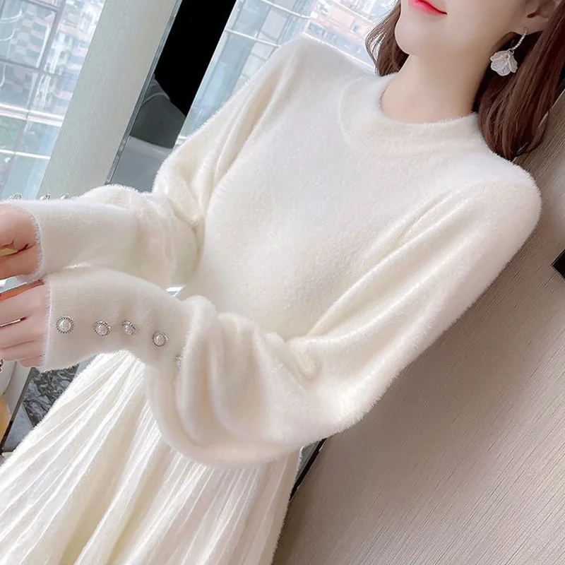 Autumn and Winter Knitted Sweater Dress Women Fashion Lantern Sleeve Button Pullover Bottom Sweater Loose Inner Warm Dresses