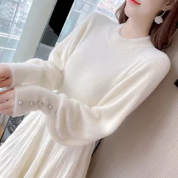 Autumn and Winter Knitted Sweater Dress Women Fashion Lantern Sleeve Button Pullover Bottom Sweater Loose Inner Warm Dresses