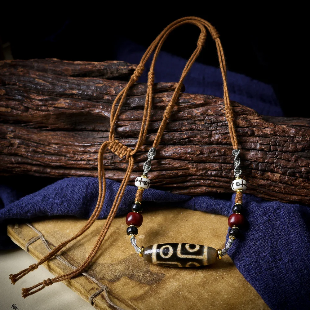 Tibetan jewellery teeth yellow six-eyed dzi hand-woven play necklace ethnic style bones antlers jumper chain bracelet