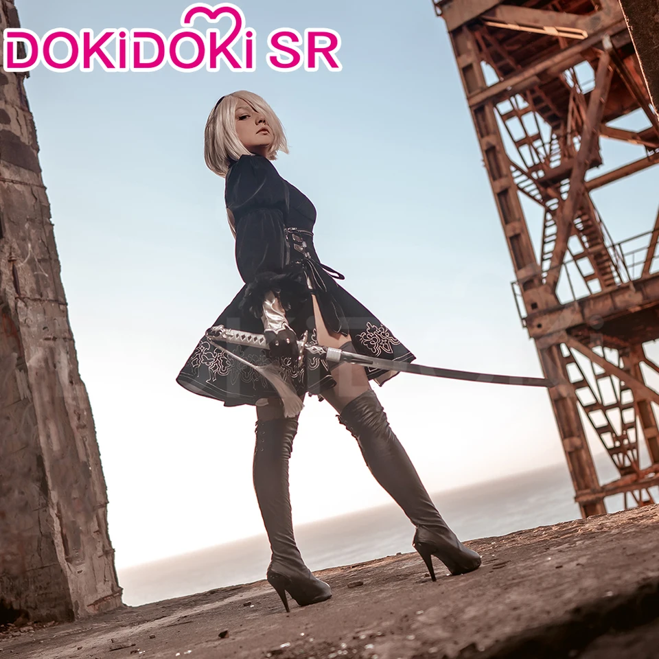 2B コスプレ セット ブラックドレス ワイドウィッグ シューズ付き