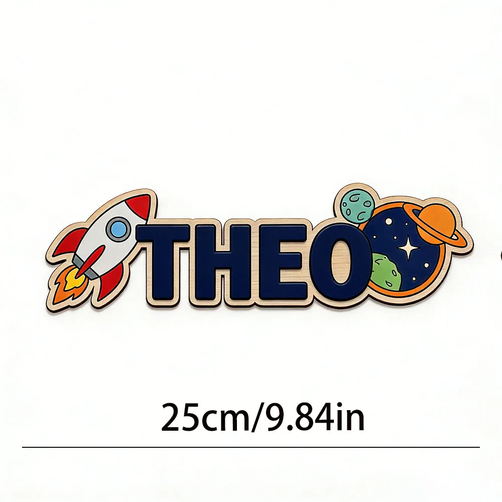Personalized Space Rocket Name Sign for Boys Room Wooden Nursery Wall Decor Custom Baby Shower Gift view 2