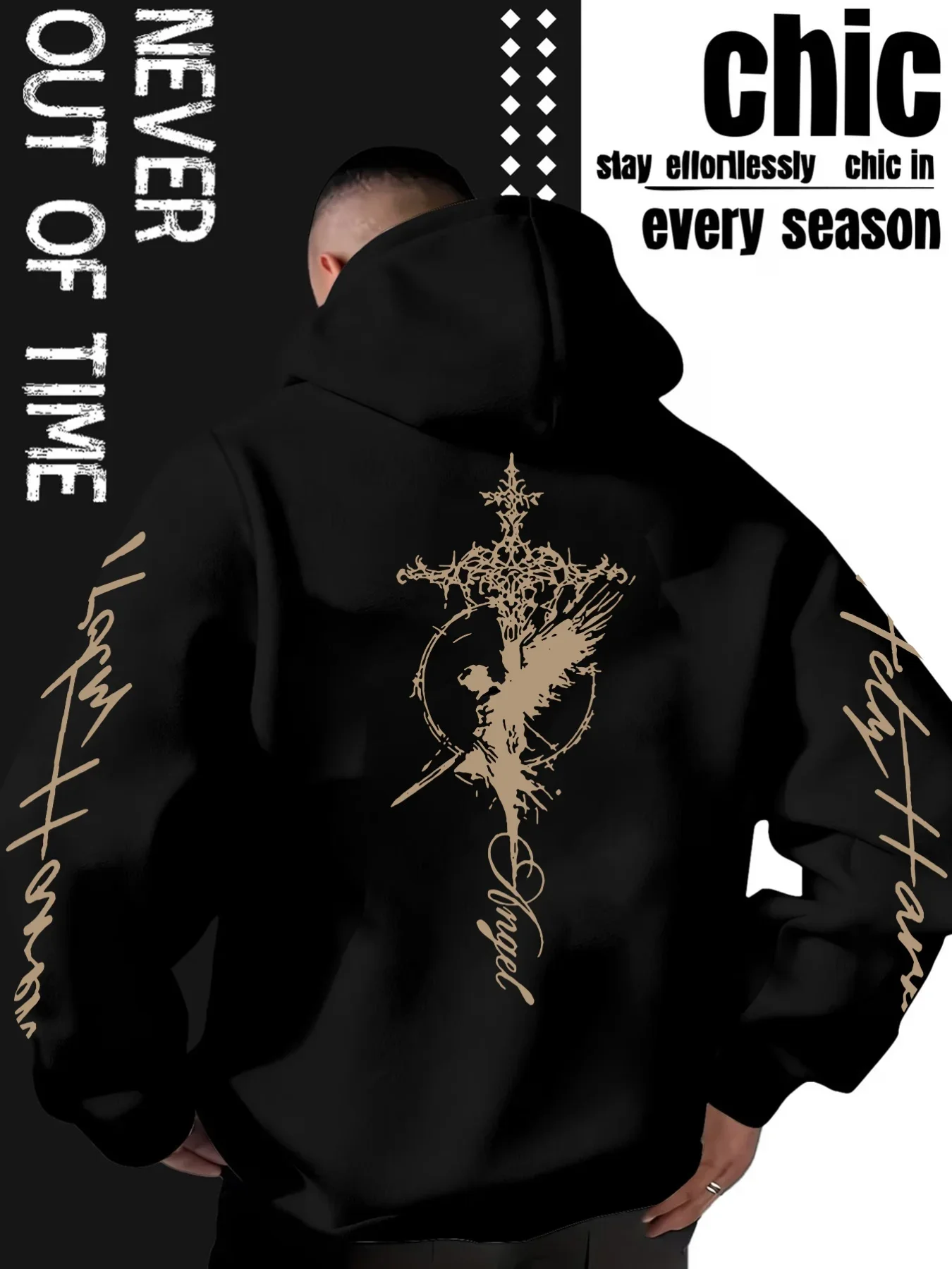 Men's Gothic Angel Cross Hoodie Distressed Script Letter Graphic Back Sleeve Print Vintage Fleece Sweatshirt Streetwear