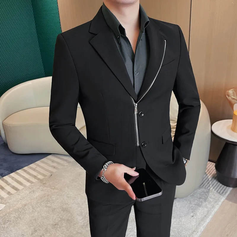 High-quality Zipper Men Blazers 2024 Spring Business Casual Suit Jacket Slim Office Social Dress Coat Wedding Groom Men Clothing