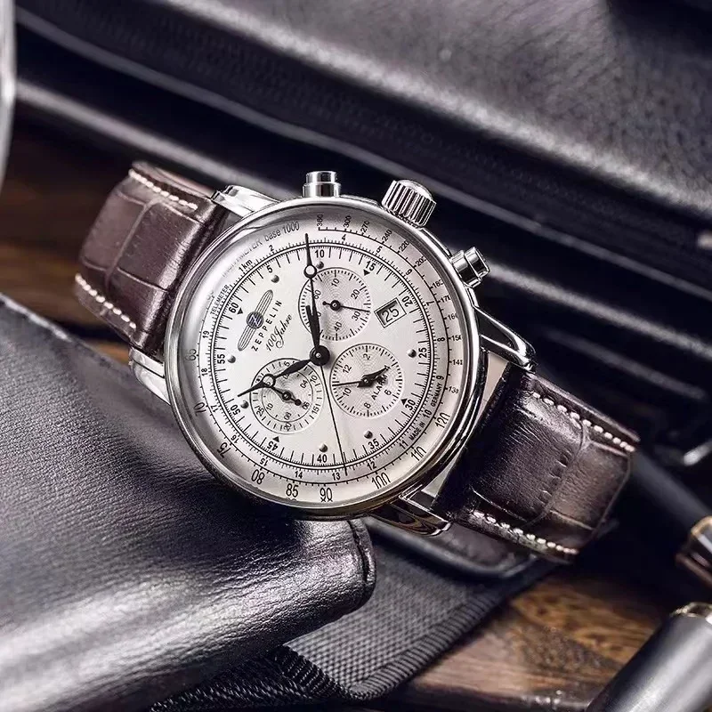 Zegarek męski Zeppelin Automatic Date, trzy tarcze, sekundnik, wielofunkcyjny, do pracy i na co dzień, kwarcowy.