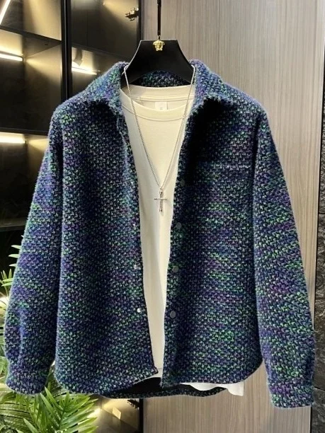 

Новая осенняя мужская повседневная трикотажная куртка с отложным воротником, приталенного кроя, универсальная верхняя одежда для отдыха, из полиэфирного волокна, с длинными рукавами