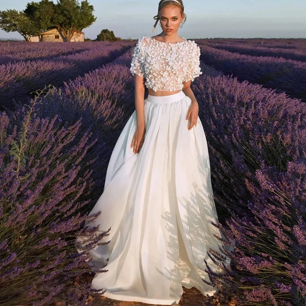 Chic Two Piece A-Line Wedding Dress Scoop Neck Short Sleeves with Lace Zipper Floor Length Bridal Civil Gowns Custom Made