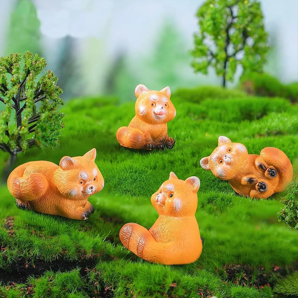 Miniature Small Raccoon Figurines 1 Inch Cartoon Mini Red Panda Figures Set Cute Resin Animal Cake Toppers