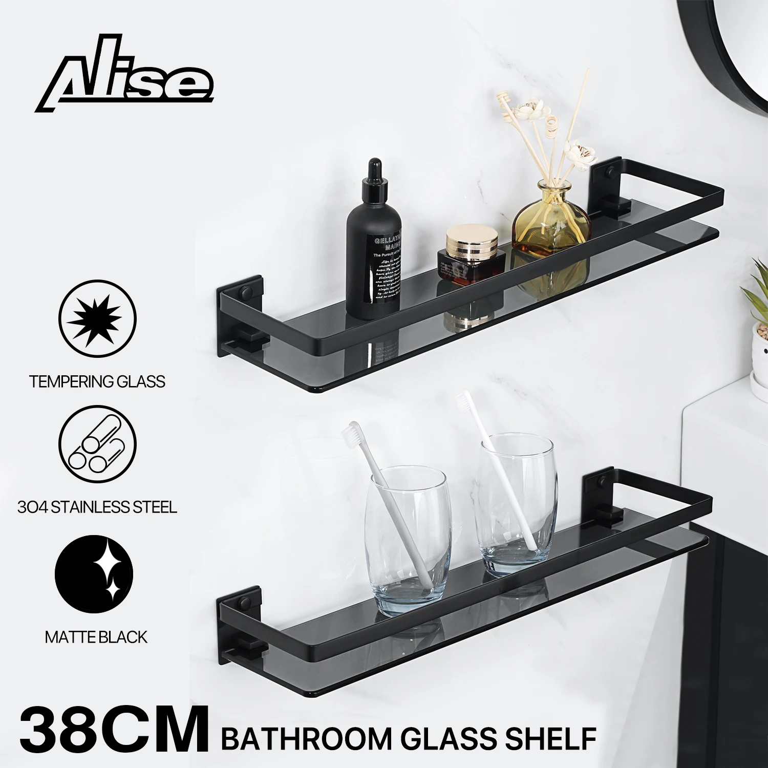 Bathroom Shelf Tempered Black Glass Shelf Wall Mounted, Matte Black Shower Storage with SUS304 Stainless Steel Rail  Accessories