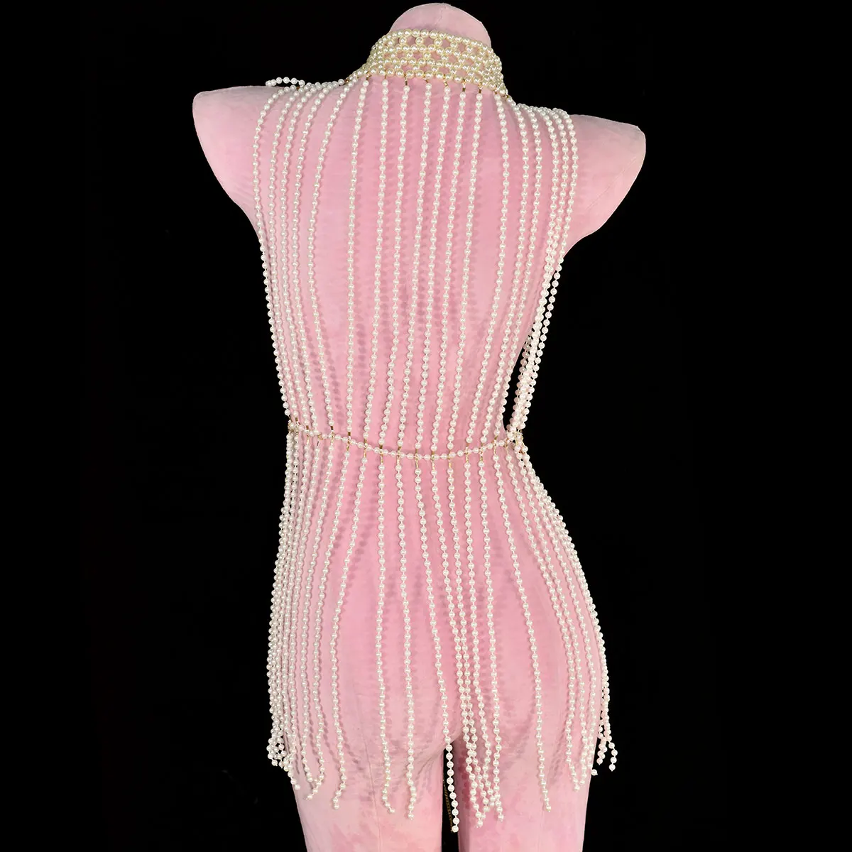 فستان كلاسيكي طويل مزين باللؤلؤ الصناعي أنيق مصنوع يدويًا من نسيج الخرز إكسسوارات عرض مسرحي سلسلة جسم الحفلات #3