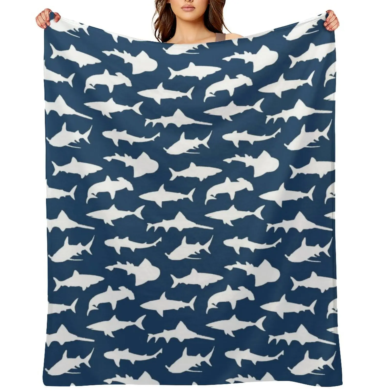 

Sharks on Navy Blue Throw Blanket Kid'S Soft Plaid Heavy blankets ands Blankets