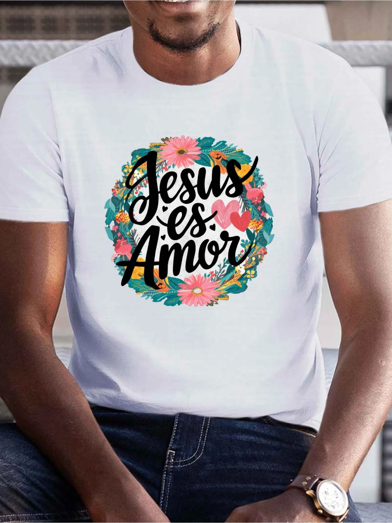 Men's Plus Size Jesus ES Amor Spanish Script T-Shirt - Big & Tall Short Sleeve Round Neck Casual Streetwear Tee Suitable For Big