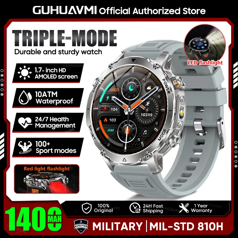 2026 Neue TANK Ultra 1400mAh Batterie Militär-Smartwatch 10ATM Wasserdicht Herzfrequenz Taktische LED-Taschenlampe Herren Sportarmband