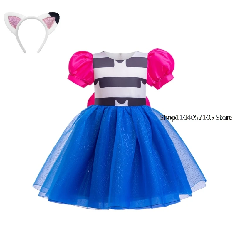 Kids Girls Dollhouse Cosplay Princess Dress Children Puff Sleeve Bow Tulle Dress+Cat Headband For Halloween Birthday Gown