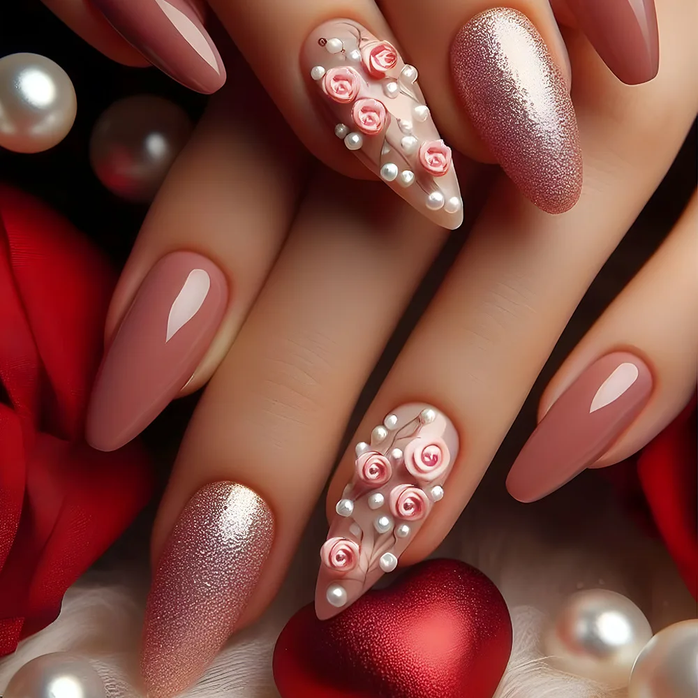 Valentine Day Press on Nails with Pearls 3d Almond Press on Nails Rose Flower Design Fake Nails Almond False Nails with Diamond