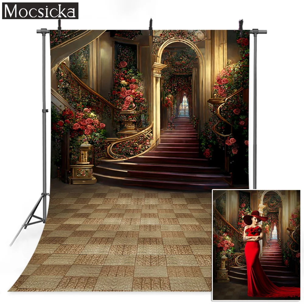 Royal Palace Background Flowers Stairs Red Carpet Glamorous Women Art Photography Backdrop Professional Photographic Booth Props