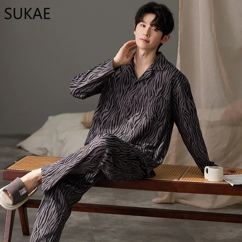 SUKAE Casual Herren Pijama Faux Baumwolle Weiche Nachtwäsche Herbst Frühling Homesuit Gentleman Umlegekragen Nachtwäsche Jungen Pyjamas