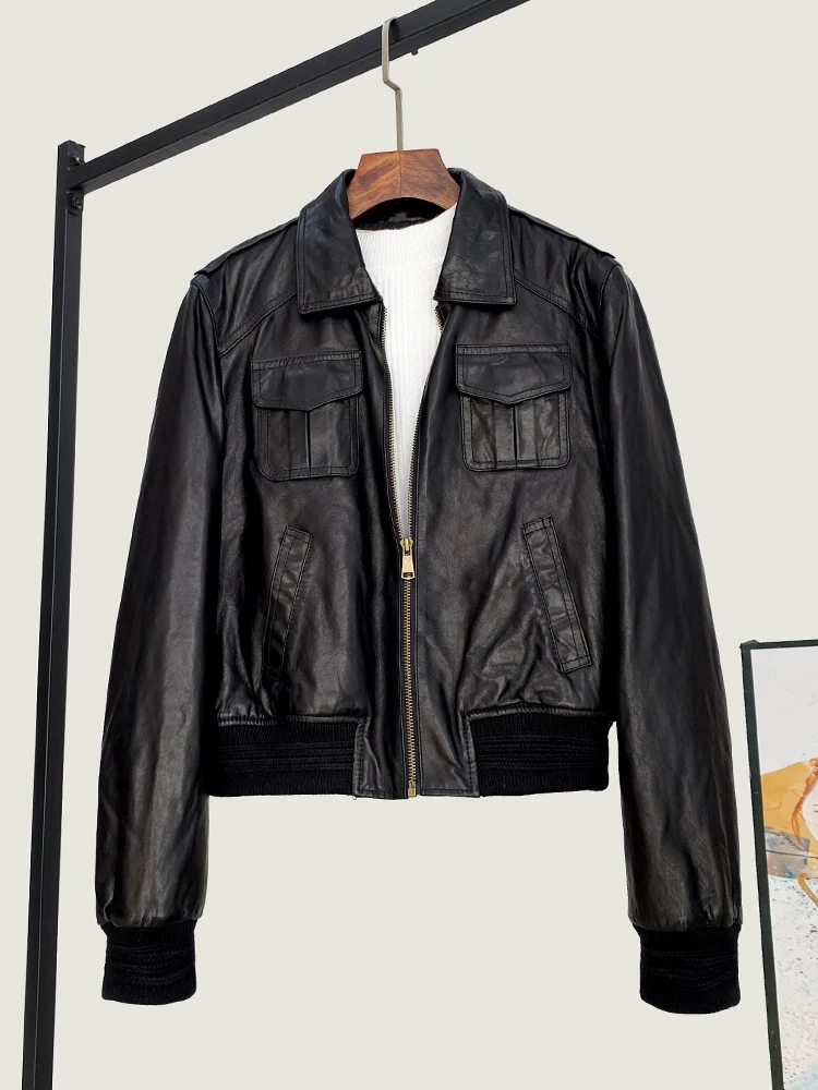 

High Quality Genuine Real Leather Coat Women's All-Matching Lapel Sheepskin Motorcycle Clothing Distressed Jacket