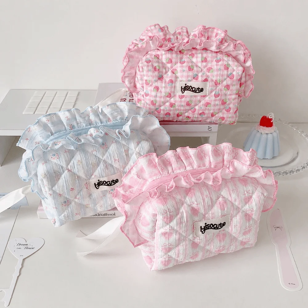 Kawaii Ruffle Lace Makeup Bag Large Capacity Portable Cosmetic Pouch Floral Print Makeup Organizer Women Girls