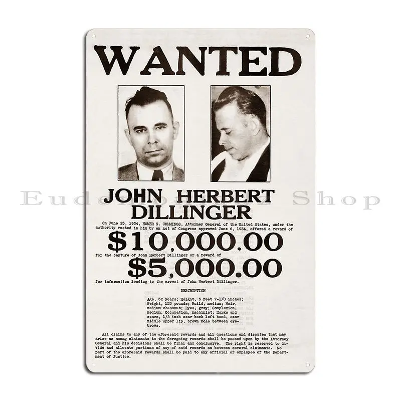 John Dillinger Wanted Poster Metal Signs Rusty Plaques Wall Custom Design Printed Tin Sign Poster