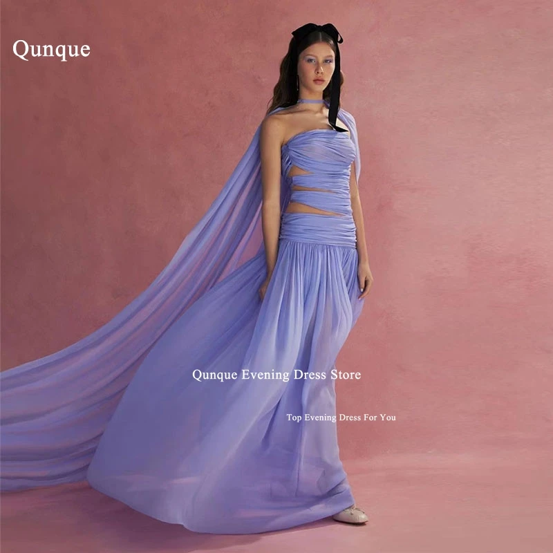 

Qunque Purple فساتين سهره Vintage Chiffon Evening Dresses See Through Exposed Pleat Long Party Dress Fashion Cape Prom Dress