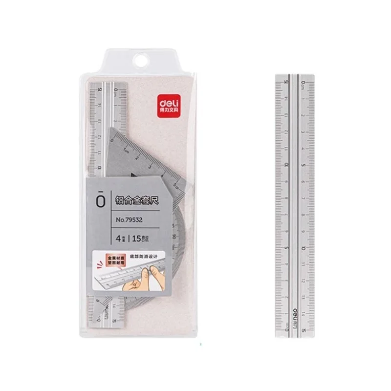 Deli 79532 15cm ruler set  Aluminum alloy ruler triangular ruler protractor for students 288pcs Per Carton Math Sets