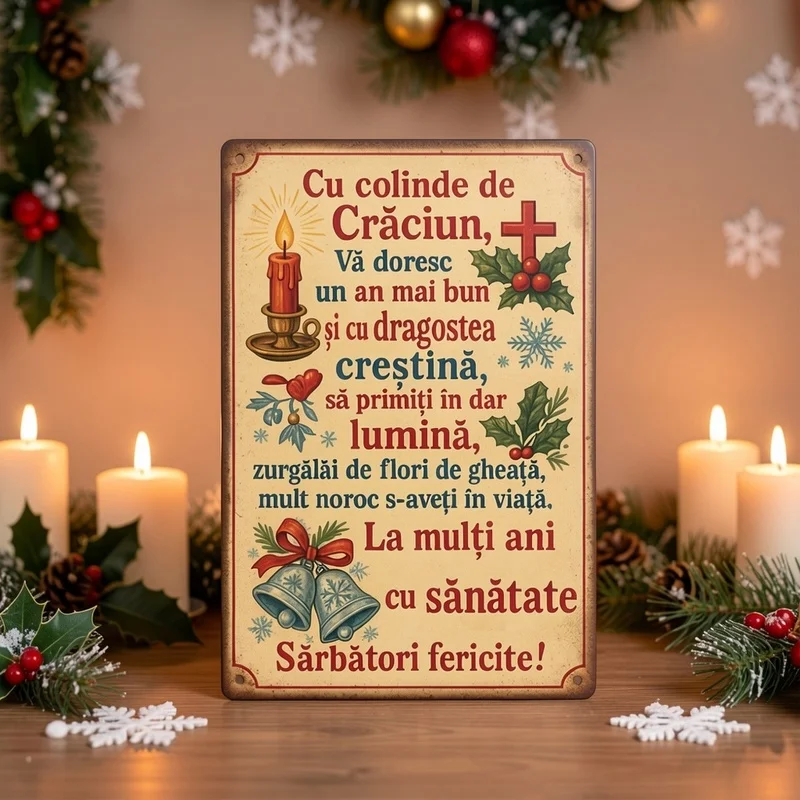 Retro Christmas Metal Plaque with Romanian Xmas Song, Holiday Wall Ornament, Ideal Christmas Decoration & Travel Souvenir