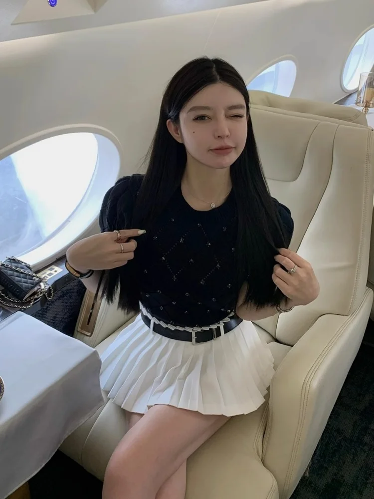 Cseta de punto de manga corta de cintura alta ajustada para mujer, Top de cuello redondo de longitud Regular con diseño de...