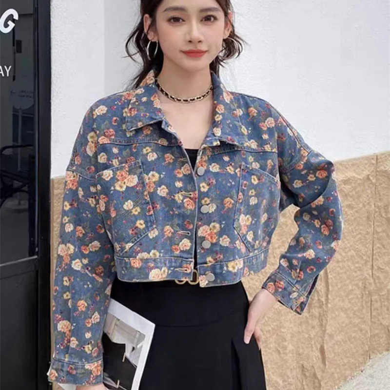 

Short Denim Jacket for Women's 2026 Spring Autumn New Denim Coat Top Fashion Printing Jeans Coat Female Outerwear