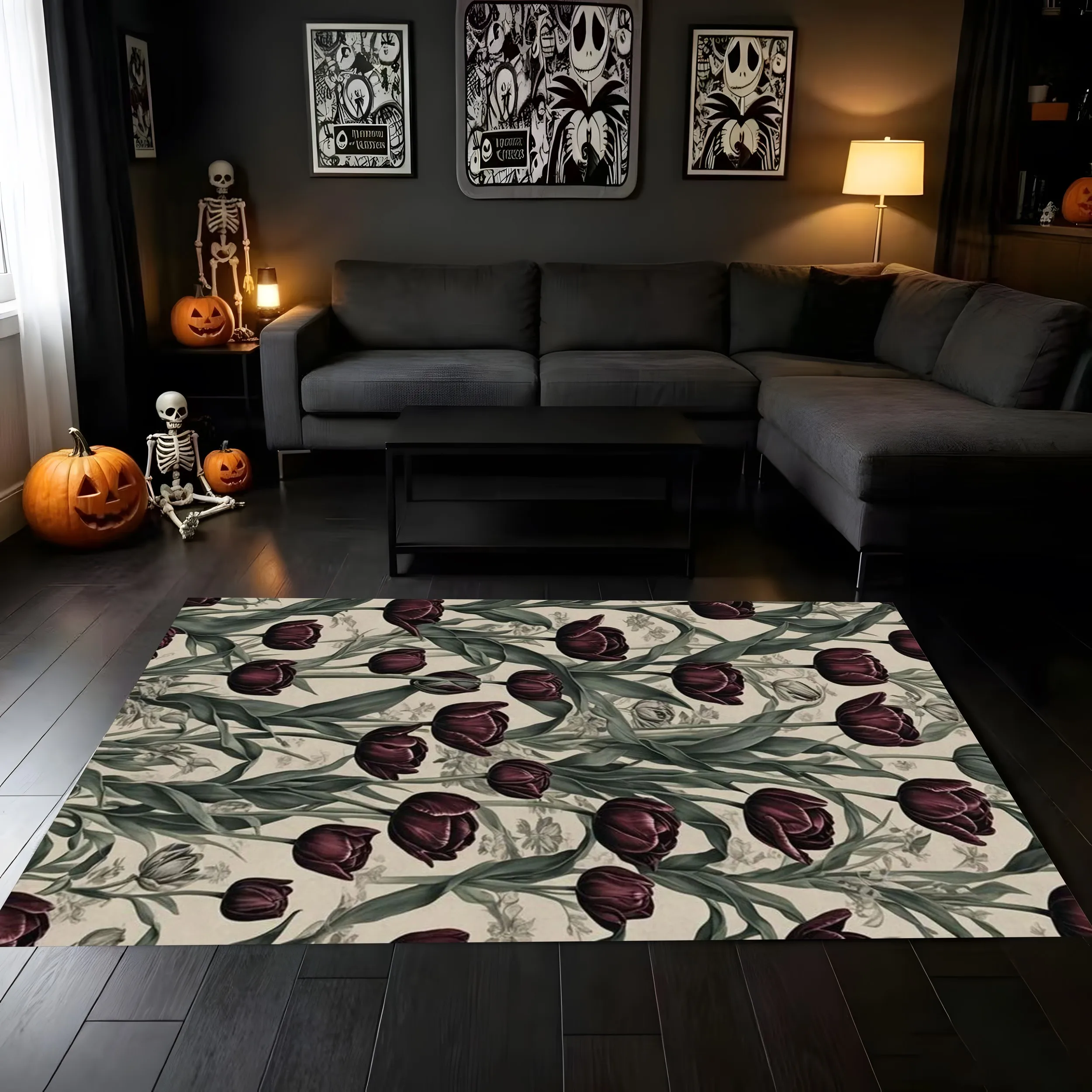2D Large Carpet with Hedgehog, Mushroom, Acorn, Autumn Leaves and Forest Theme, Watercolor Style, Gentle and Fresh, Creating a Warm Atmosphere