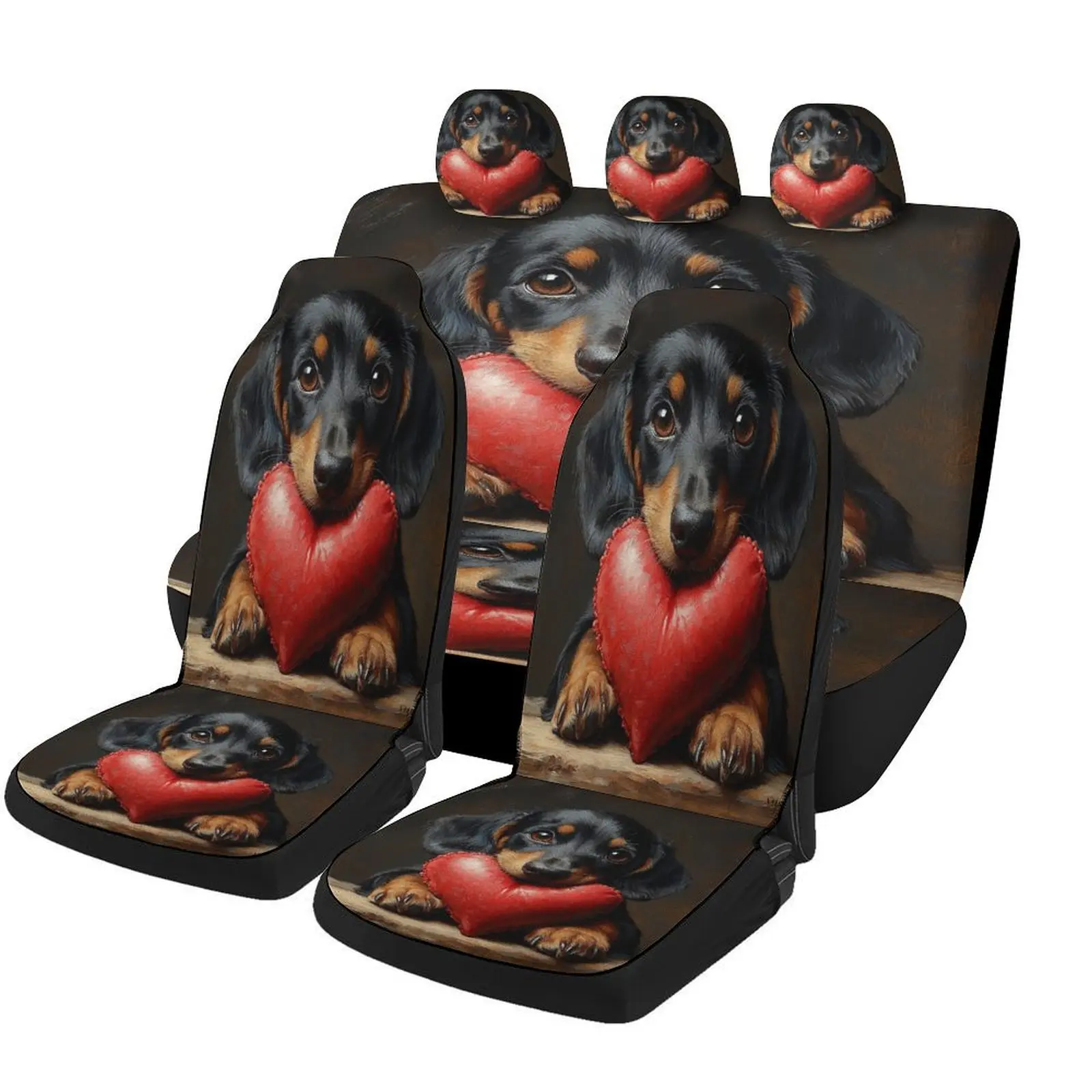 Fit Dachshund Dog Car Seat Cover Set For Most Vehicles - Adorable Dachshund & Heart Themed Design, Full Set For 2 Front & Rear S