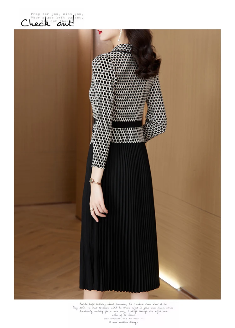 Pleated Print Dress 2023 Autumn/Winter New Elastic Large Waist Slim Suit Collar A-line Dress Knee Length Skirt