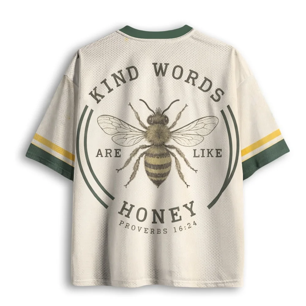 V Neck Mesh Football Jersey Vintage Bee Kind Words Honey Quote Print Green Gold Striped Sleeve Loose Sport Tee