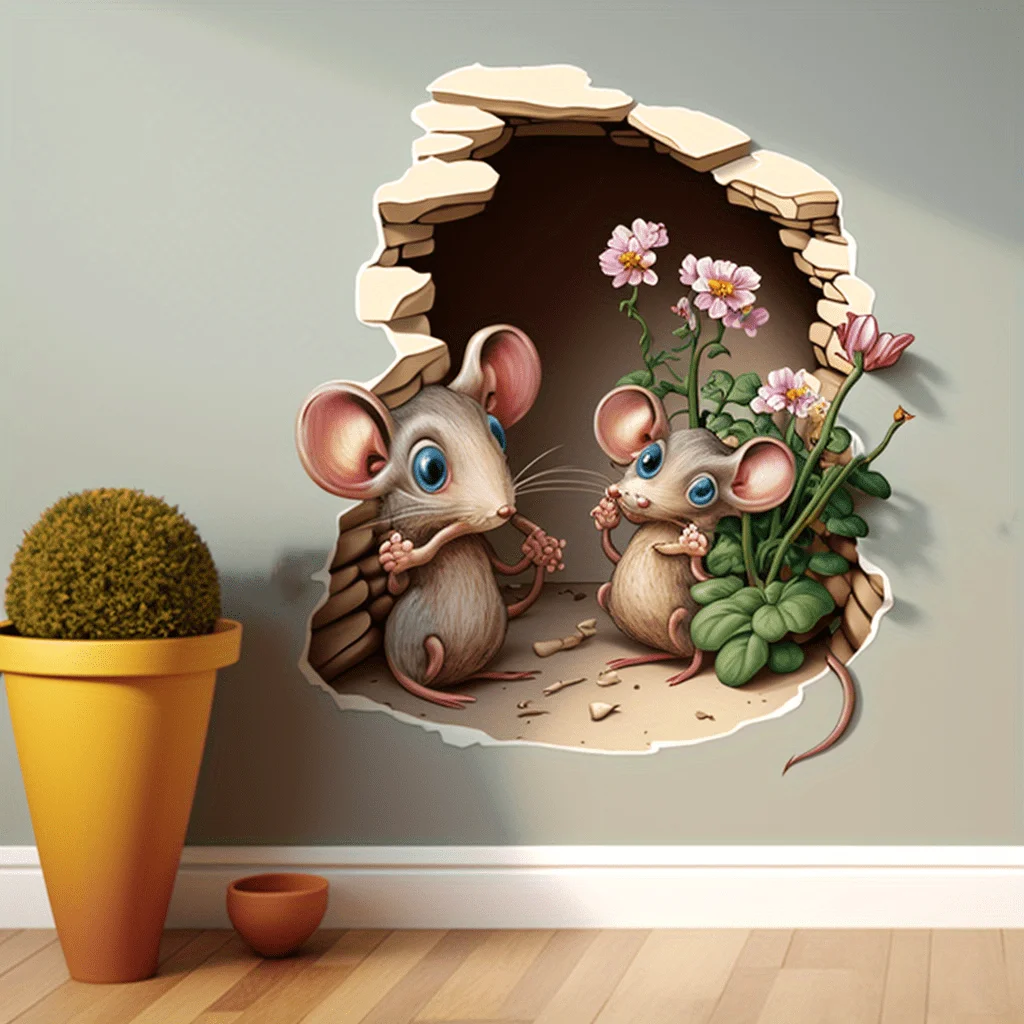 Mouse Hole Wall Sticker Cartoon Mice Self adhesive  Kids Room Background Home Decoration Funny Decal S230