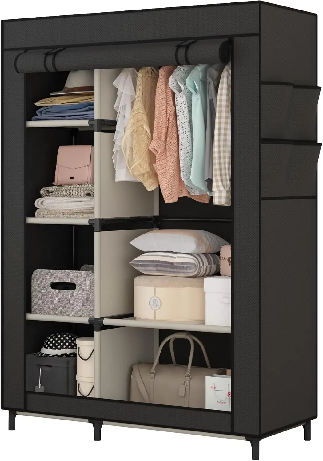 Portable Closet Organizers,   Wardrobe with 6 Shelves and Hanging Rod, Non-Woven Fabric Cover with 4 Side Pockets, Black