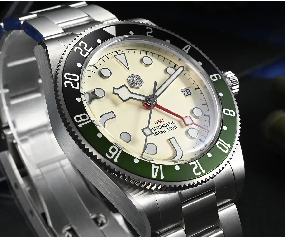 산 마틴 남자 GMT 시계 39mm 자동 기계식 손목 시계 다이버 10Bar 빛나는 사파이어 양방향 알루미늄 베젤