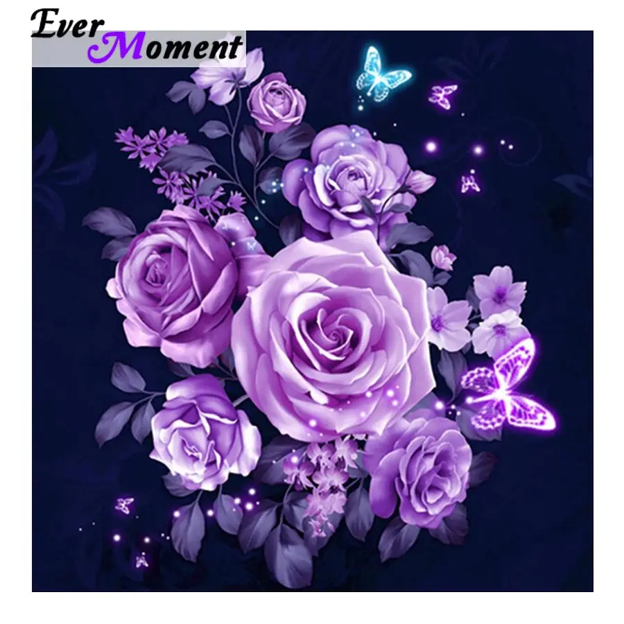 Ever Moment Diamond Painting Elegant Purple Flowers Diamond Painting Cross Stitch Kits Rose Full Square Butterfly ASF1020