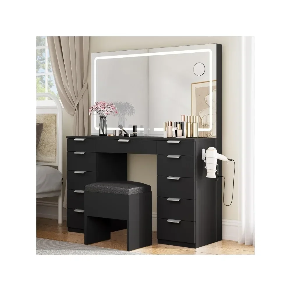 Large LED Lighted Mirror & Power Outlet, Vanity Desk with Drawers and Magnifying Glass, storage Stool for Bedroom