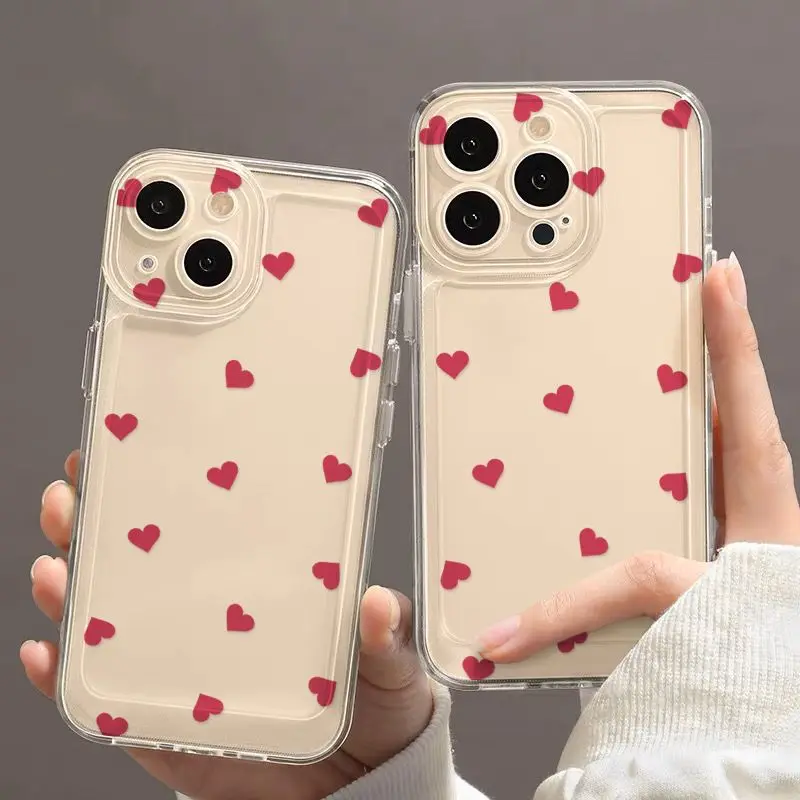 Full Screen Red Little Heart Phone Case For iPhone 16 15 14 13 12 11 Pro Max XS XR Max 7 8 Plus Y2K Tidal Current Phone Cover