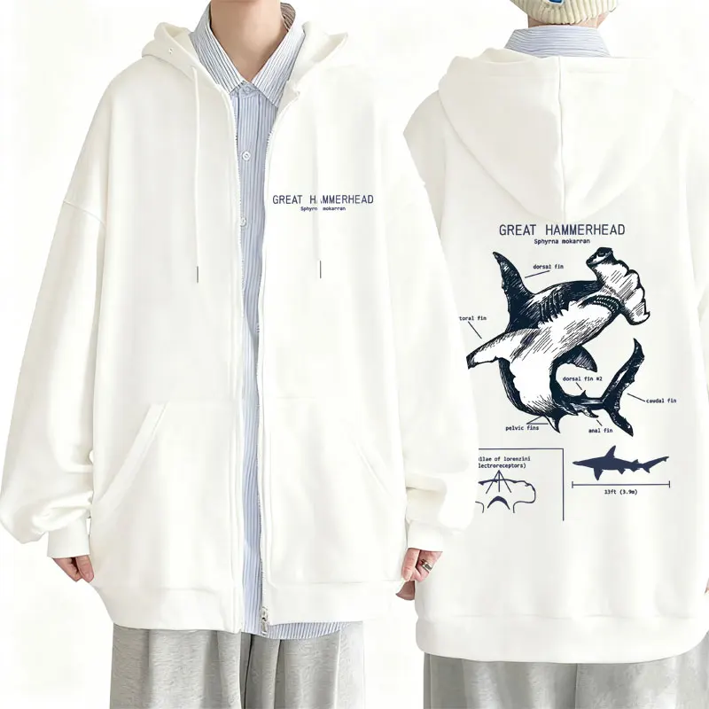 

Marine Animals Great Hammerhead Anatomy Graphic Zipper Hoodie Men Women Casual Vintage Zip Up Jacket Unisex Oversized Hoodies