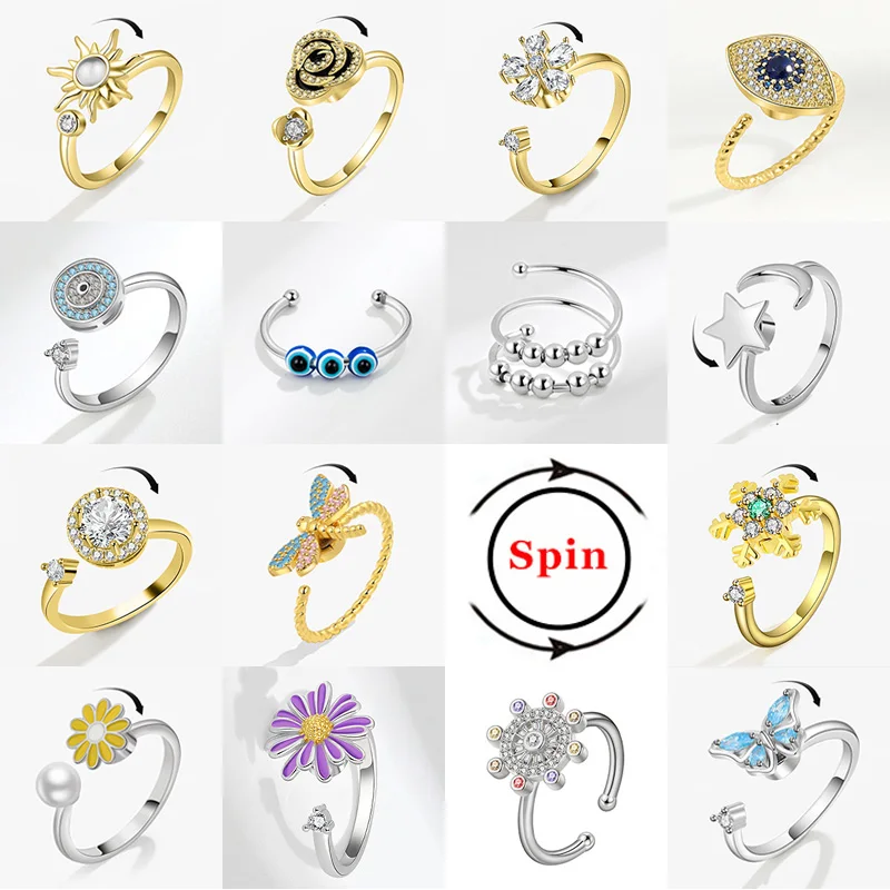 Luxury Anxiety Ring Fidget Spinner Ring for Women Crystal Flower Butterfly Animal Finger Ring Rotate Anti Stress Wedding Jewerly