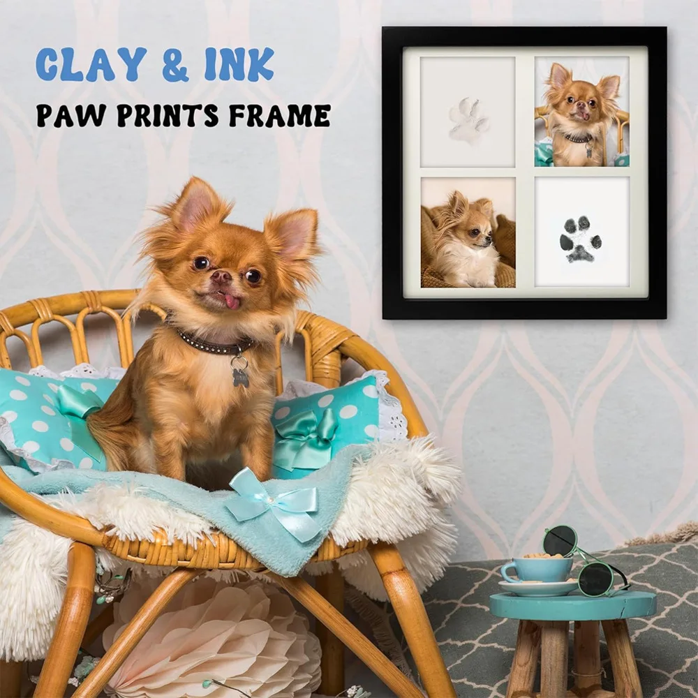 

Custom Pet Paw Print Kit with Black Ink Pad - DIY Cat Dog Memorial Frame Keepsake Pawprint Art Clay Imprint Photo Display Gift