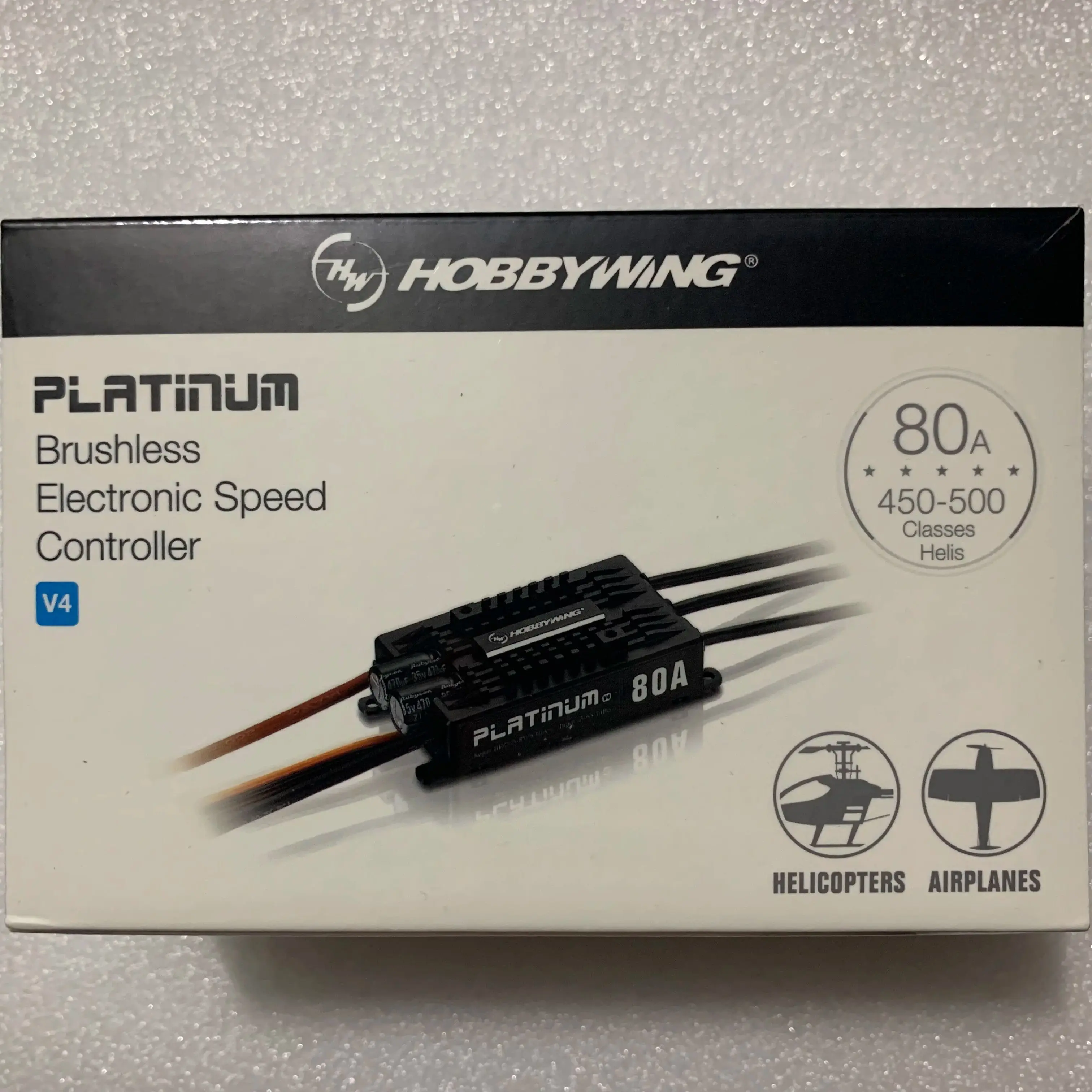 

Original Hobbywing Platinum 80A PRO V4 3S-6S Brushless ESC With 8V 10A BEC For 450-500 Main Blade 380-470mm Class RC Helicopter