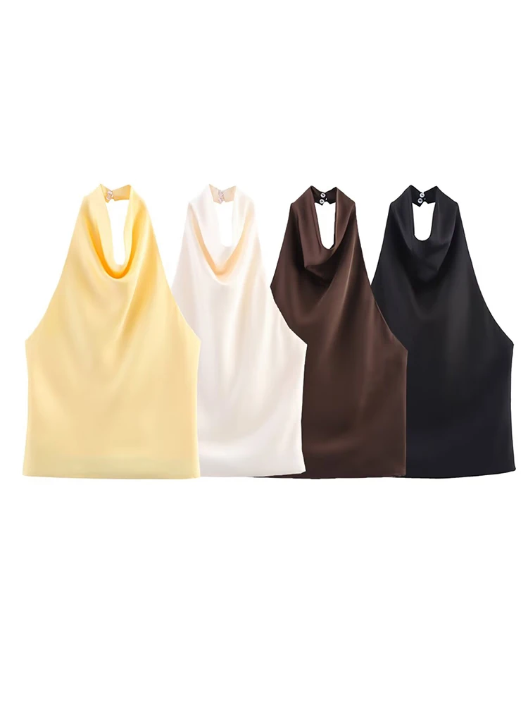 

European style new women's fashion versatile temperament simple solid color satin texture halter neck top