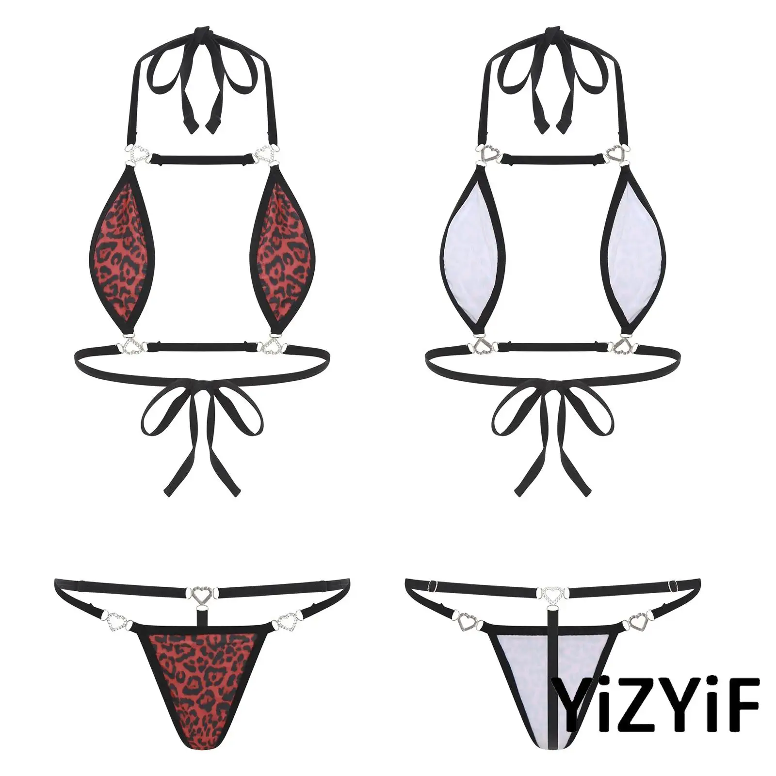 

2Pcs Womens Micro Bikini Lingerie Set Halter Lace-up Mini Bra Tops And Thong Nightwear Swimsuit for Beach Pool Raves Party Club